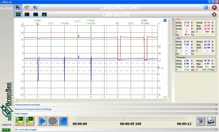 BrainBee screen shot of throttle cntrl mtr recording